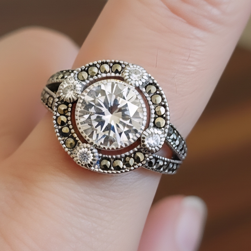 ​💍 VINTAGE 925 Thailand Marcasite CZ Halo Split Shank Ring - Picture 3 of 14